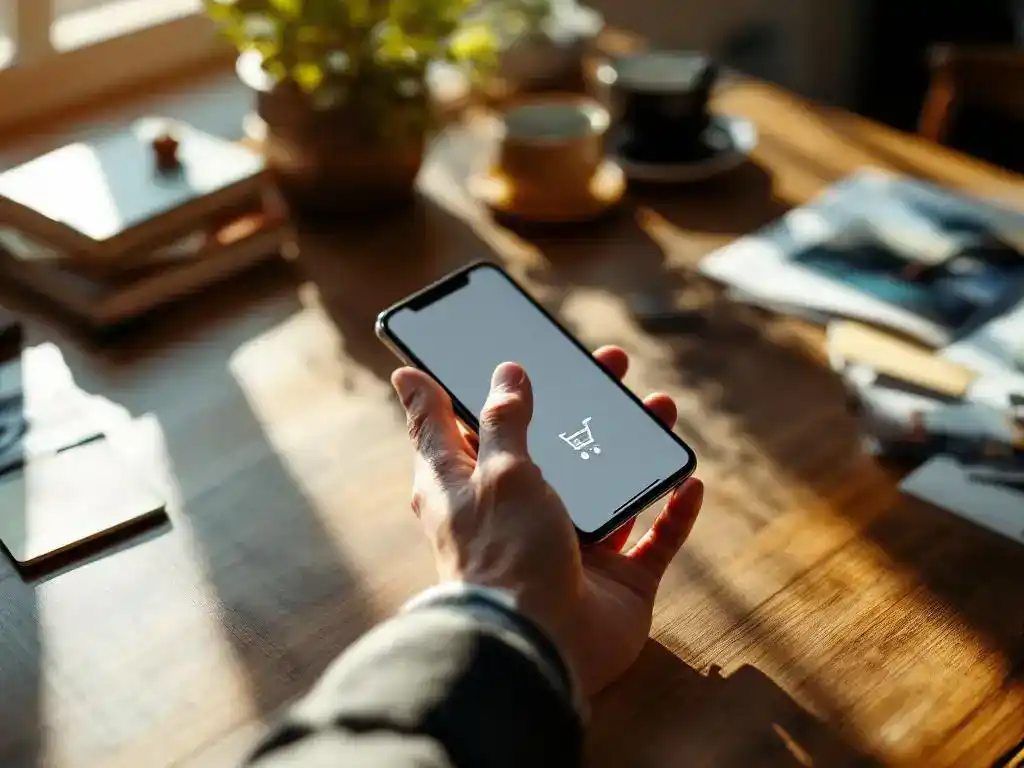 Business professional's hand hovering over smartphone with shopping cart icon, finger above purchase button on wooden desk