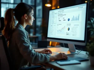 Professional woman analyzing website analytics and user journey data on computer monitor at modern office desk
