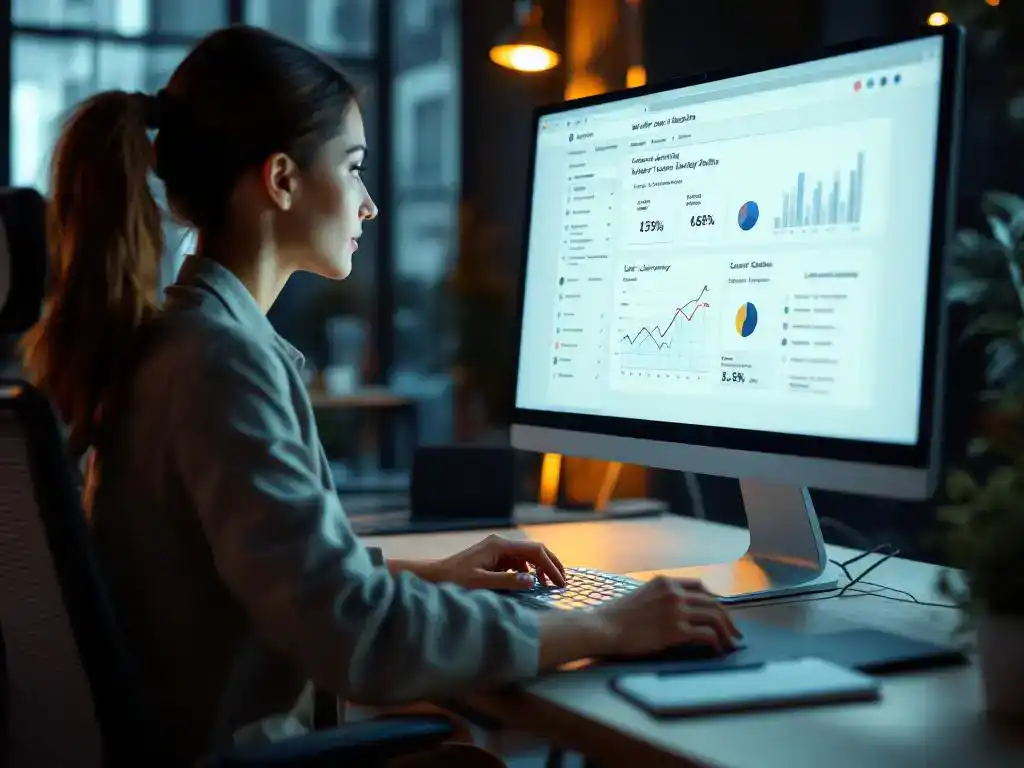 Professional woman analyzing website analytics and user journey data on computer monitor at modern office desk