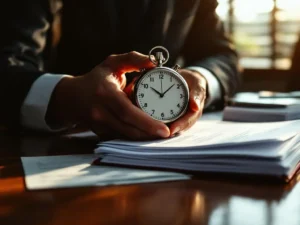 Businessman holding stopwatch over business documents and client folders on mahogany desk in warm office lighting