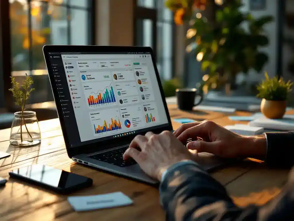 Businessman typing on laptop displaying colorful data dashboard at modern office desk with business cards and smartphone