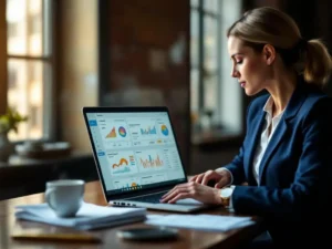 Businesswoman analyzing lead conversion analytics dashboard on laptop with marketing reports and coffee on office desk