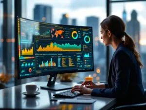 Professional businesswoman analyzing customer analytics dashboard with data visualizations in modern office