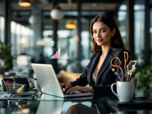 Professional businesswoman in navy suit working on laptop with data analytics charts at modern office desk