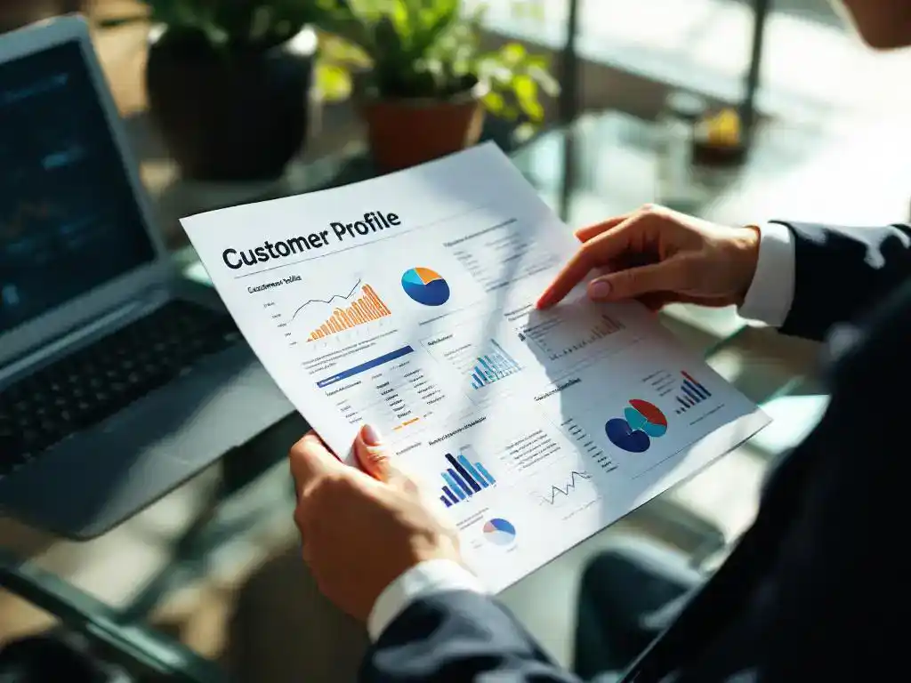 Professional businesswoman in navy suit analyzing customer data document at modern office desk with laptop open