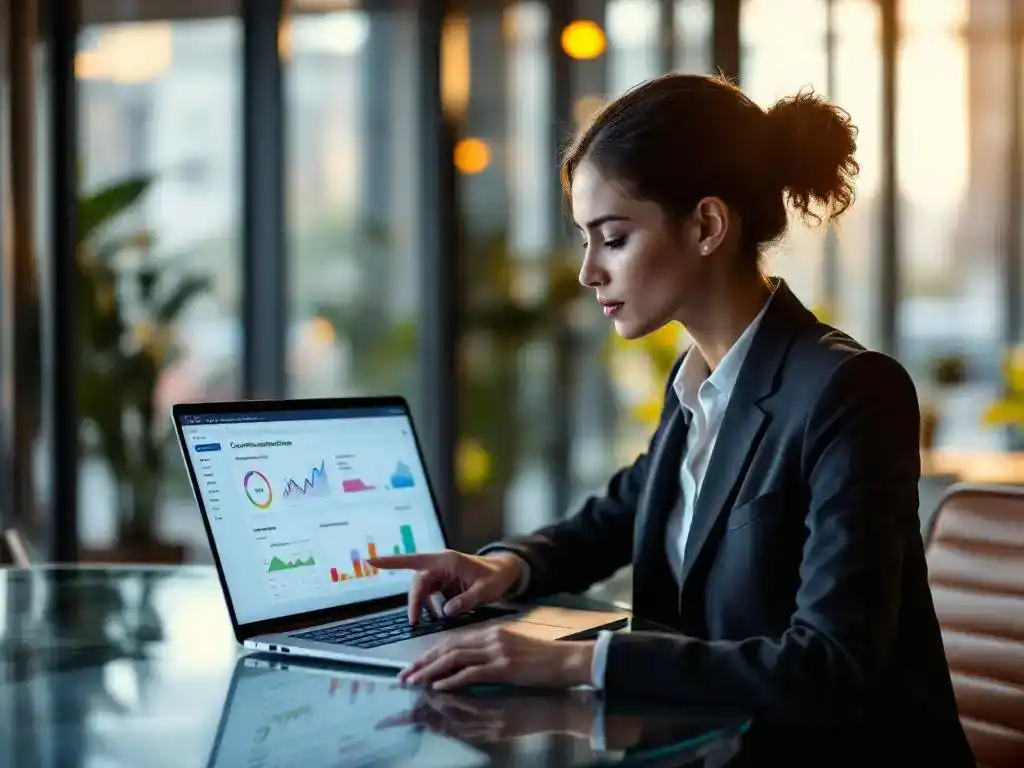 Professional businesswoman analyzing customer data analytics on laptop screen at modern corporate office desk