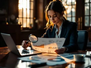 Businesswoman analyzing customer data document with magnifying glass at office desk with laptop showing analytics charts