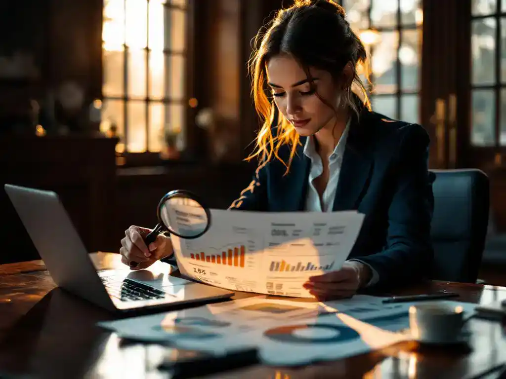 Businesswoman analyzing customer data document with magnifying glass at office desk with laptop showing analytics charts