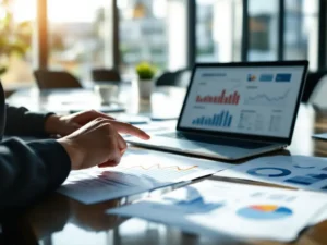 Businesswoman's hands analyzing data charts on conference table, finger pointing to upward trend line with laptop nearby