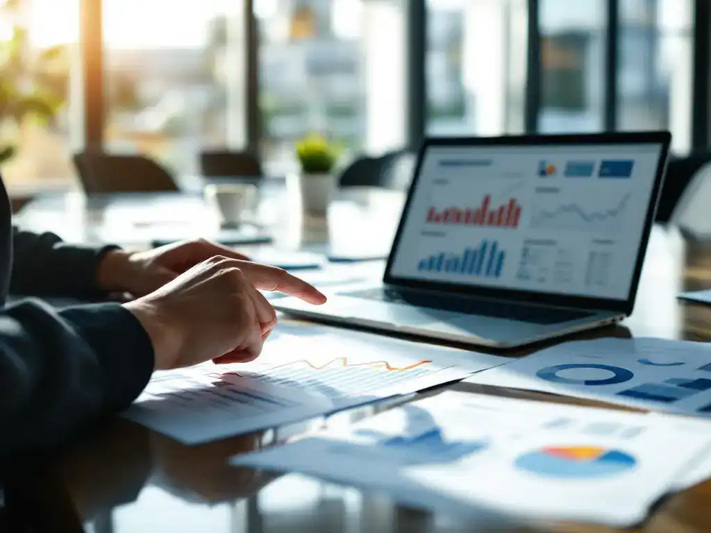 Businesswoman's hands analyzing data charts on conference table, finger pointing to upward trend line with laptop nearby