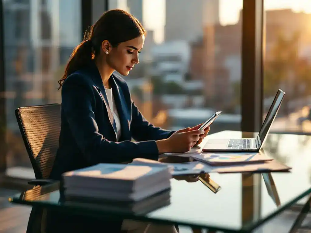 Professional businesswoman analyzing data analytics charts on tablet at modern office desk with reports and laptop