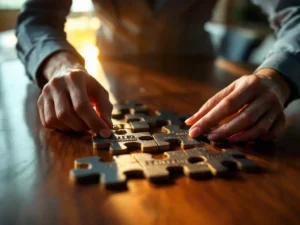Businesswoman's hands assembling puzzle pieces with business icons on conference table, completing corporate headshot