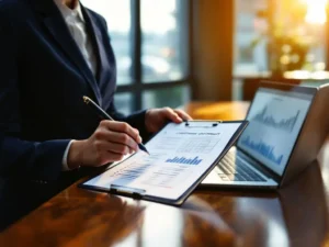 Professional businesswoman in navy suit reviewing compliance checklist at conference table with laptop and data charts