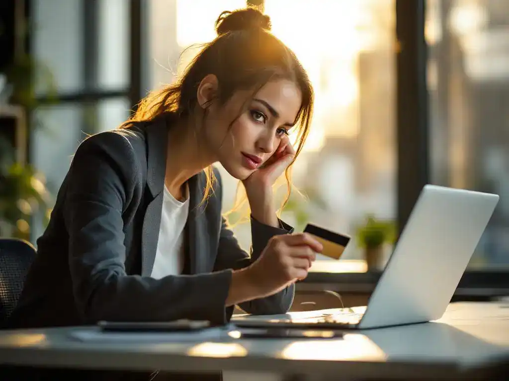 Professional businesswoman holding credit card at laptop making online purchase at modern office desk