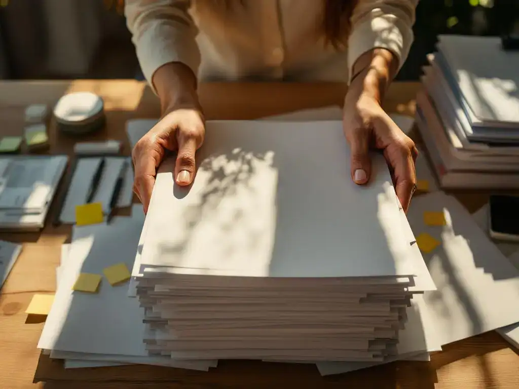 Businesswoman at desk pushing away stack of paperwork while focusing on single contract document in sunlight