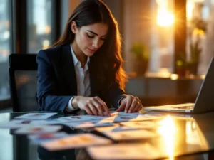 Professional businesswoman in navy suit reviewing client profile cards at glass desk with laptop displaying analytics in background