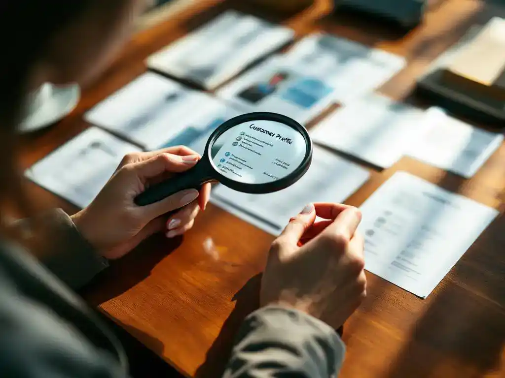 Businesswoman using digital magnifying glass to examine customer profile cards on mahogany desk in warm office lighting.