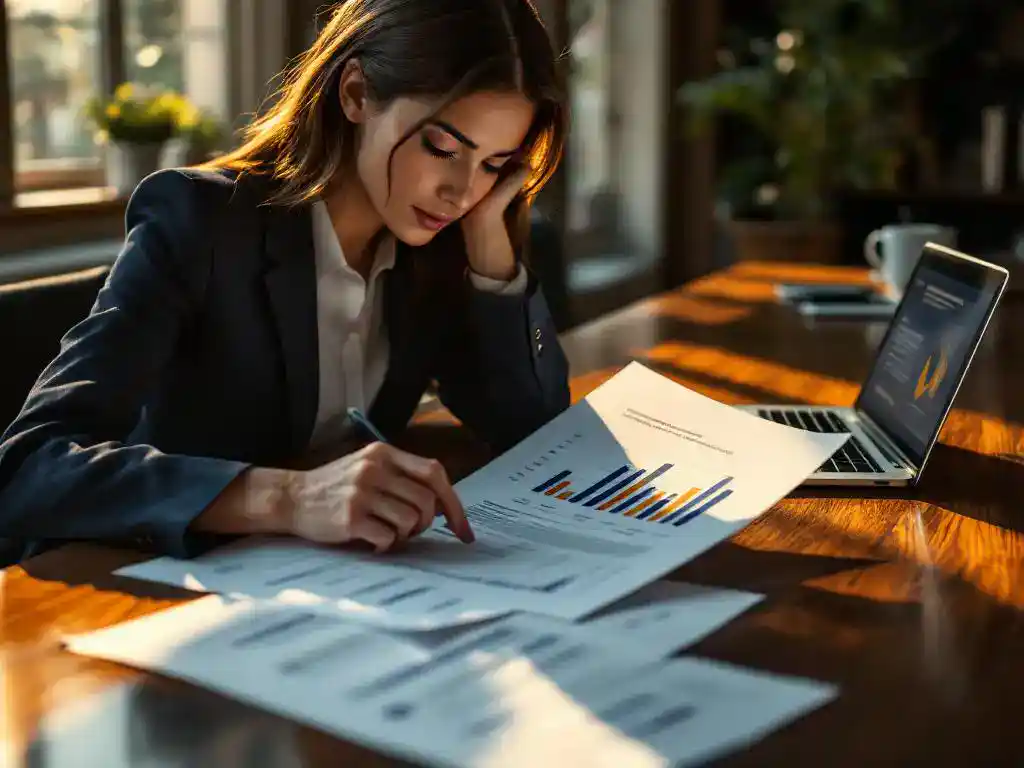Professional businesswoman in navy suit reviewing EU legal document at conference table with laptop displaying data charts