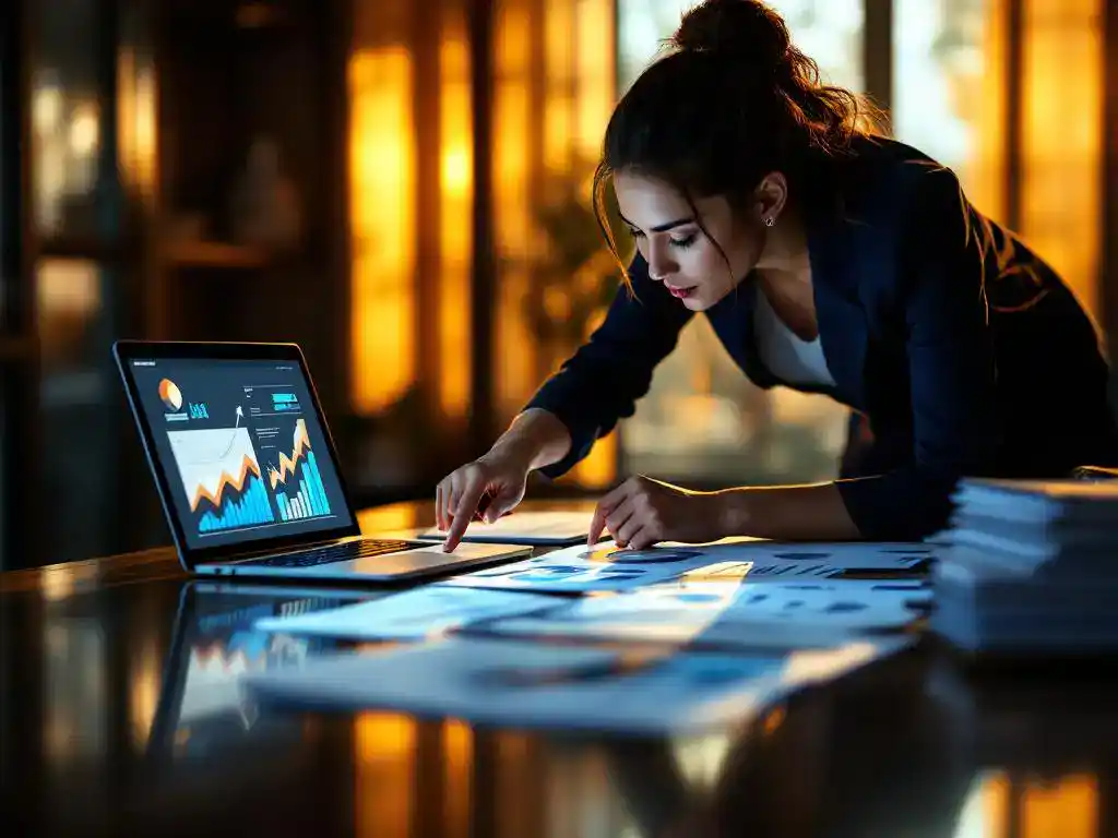 Businesswoman in navy blazer pointing to financial charts and data on conference table with laptop showing analytics