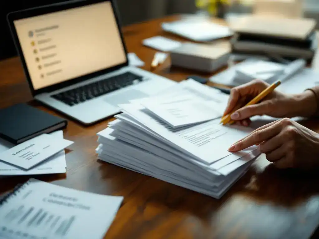 Professional businesswoman organizing business cards and highlighted documents on mahogany desk with laptop open in background