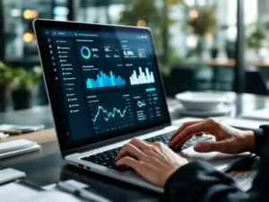Professional businesswoman typing on laptop displaying customer analytics dashboard in modern office with business reports nearby.