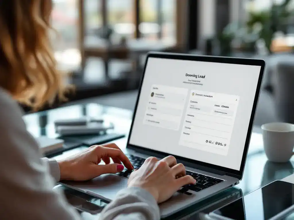 Businesswoman typing on laptop displaying customer data collection form, smartphone with lead notifications on modern office desk