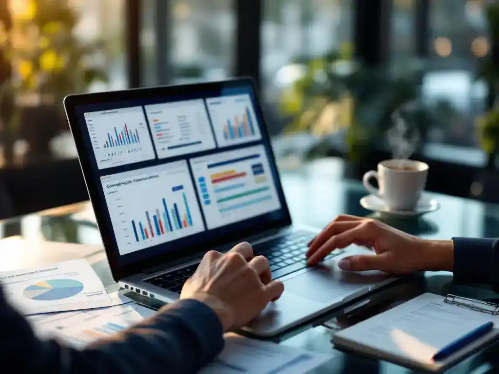 Businesswoman's hands examining laptop with software interfaces, comparison charts spread on desk with coffee and notepad.