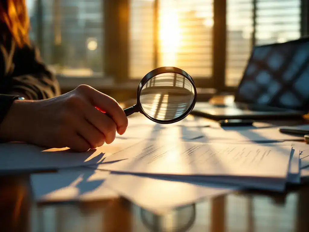 Businesswoman holding magnifying glass over legal documents and business cards on mahogany desk with laptop in background.