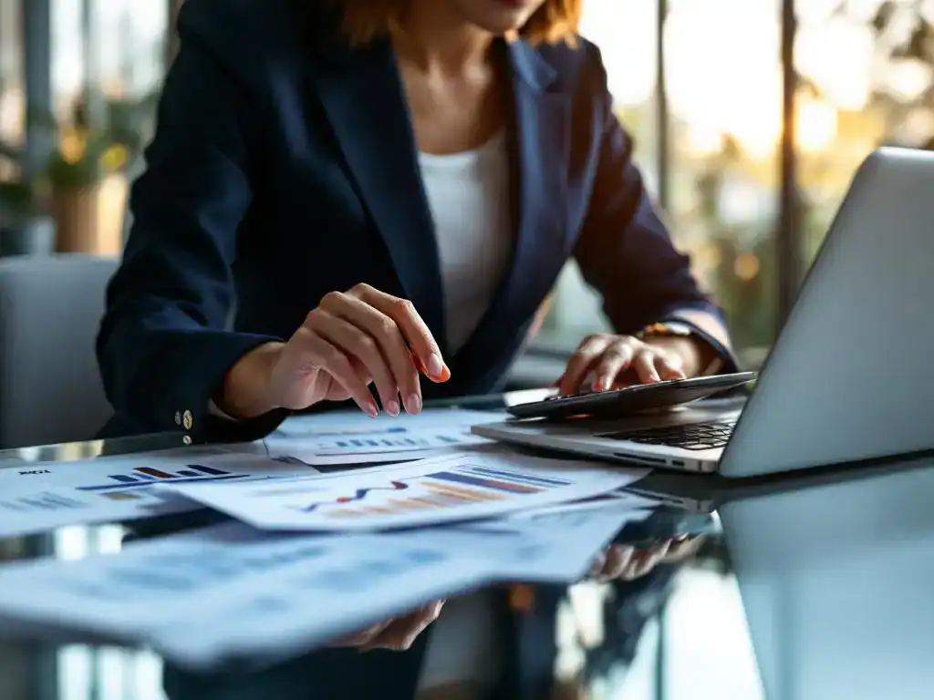 Businesswoman analyzing ROI calculations on financial calculator with lead generation spreadsheets and trending graphs on laptop