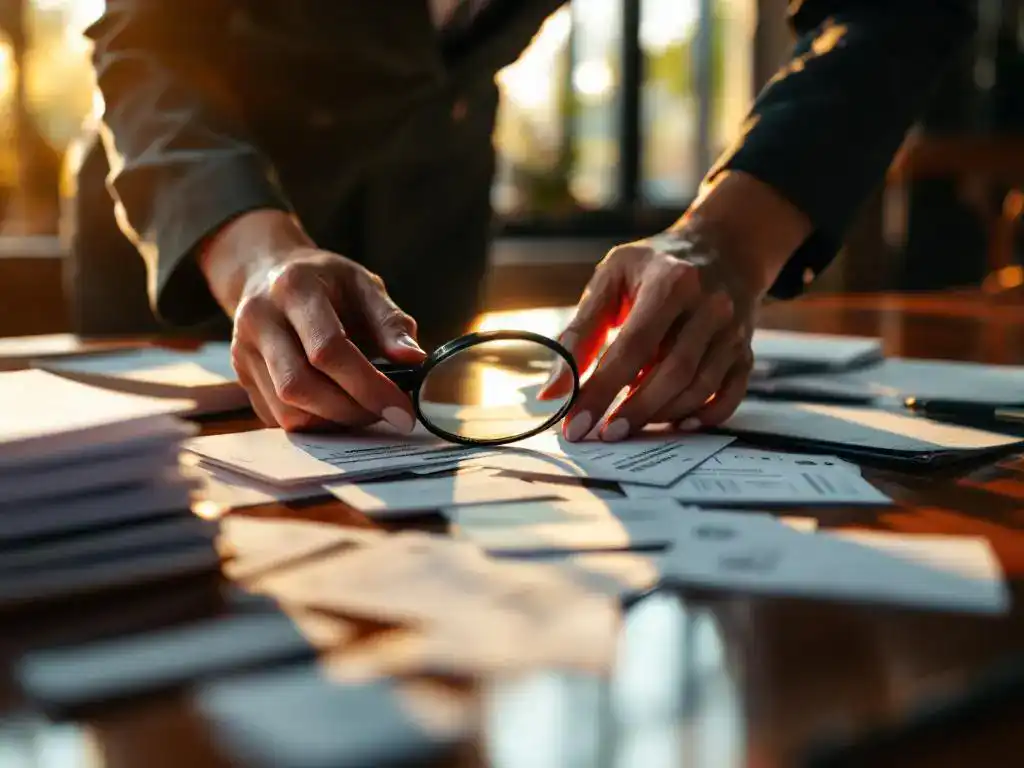 Businesswoman's hands sorting business cards on mahogany desk with magnifying glass highlighting potential leads