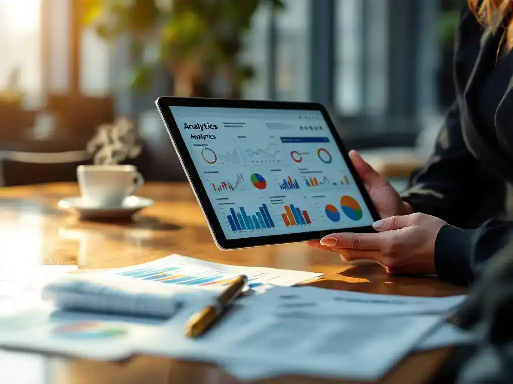 Businesswoman holding tablet with analytics charts over lead generation reports on conference table with coffee cup
