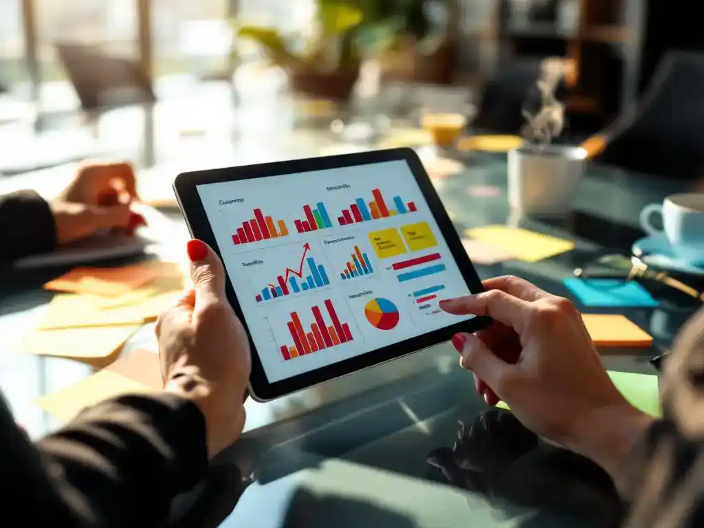 Businesswoman holding tablet displaying customer data charts with colorful sticky notes on conference table