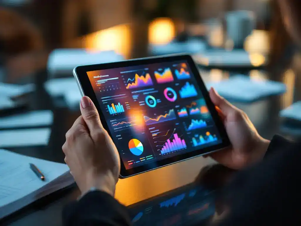 Businesswoman holding tablet displaying colorful data analytics dashboards and charts on conference table