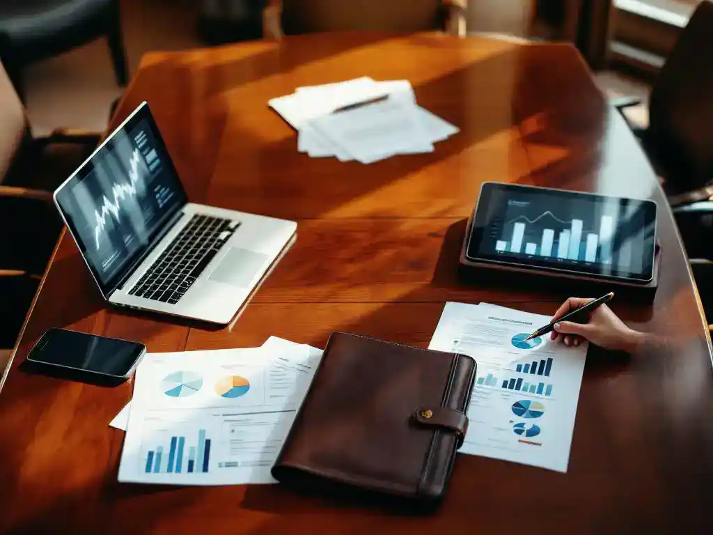 Mahogany conference table with laptop, portfolio, smartphone, tablet, and fountain pen arranged in circle representing team roles