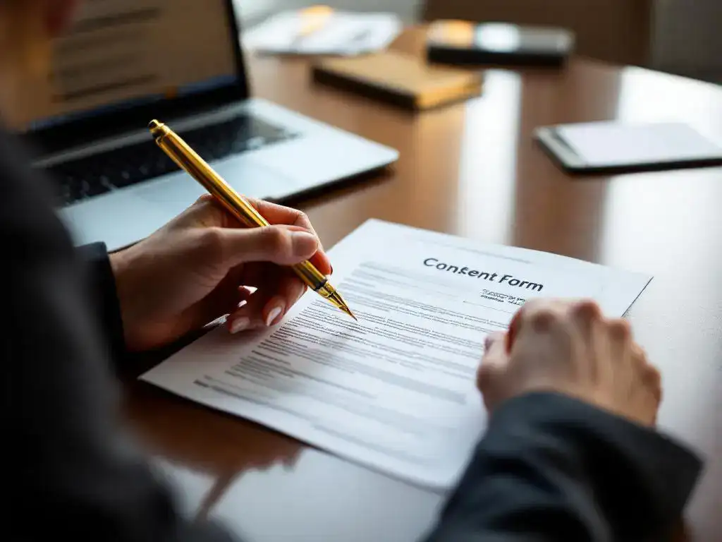 Professional businesswoman's hands reviewing consent form document with golden pen over signature line on mahogany desk.