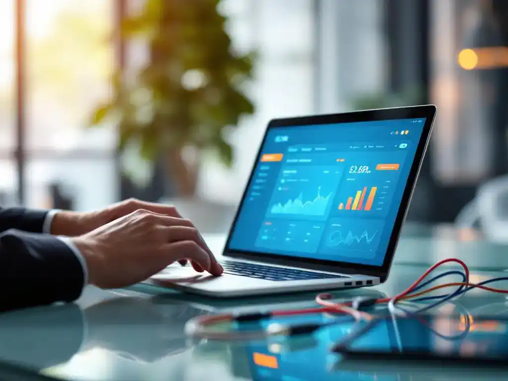 Businessman typing on laptop displaying CRM dashboard connected to tablet with lead charts on glass desk in modern office