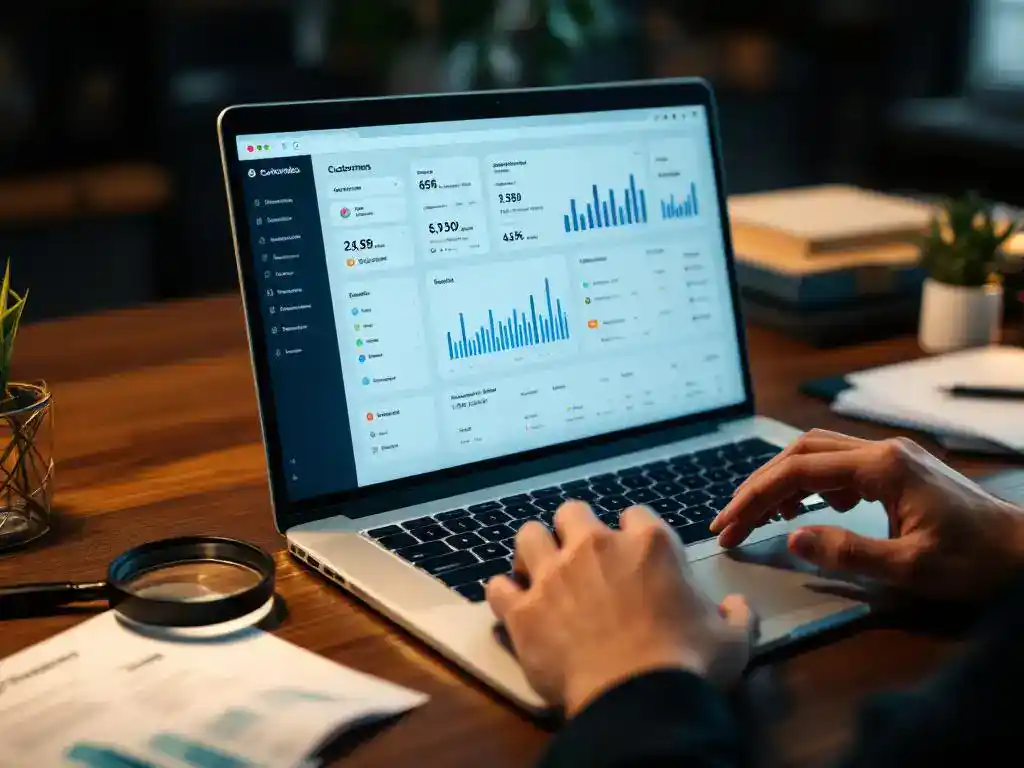 Professional analyzing customer analytics dashboard on laptop with business reports and magnifying glass on office desk