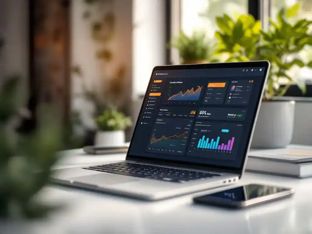 Modern laptop displaying customer analytics dashboard with colorful data visualizations and smartphone on white desk
