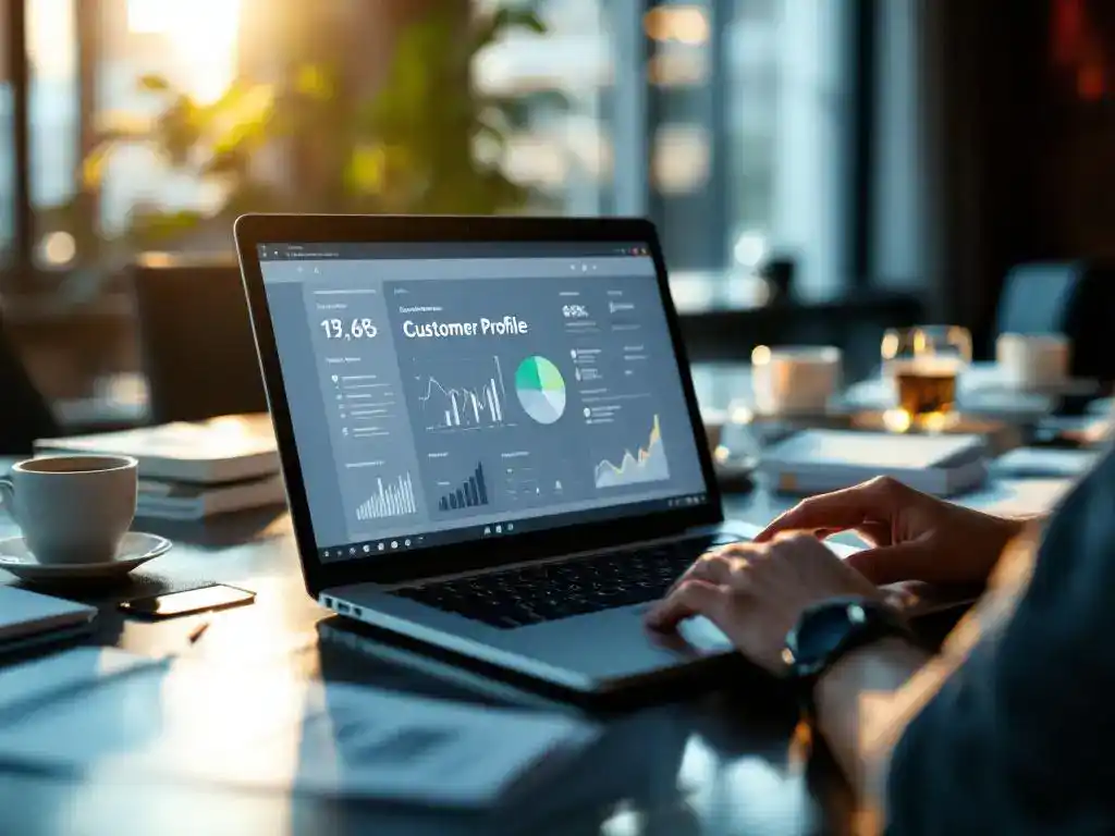 Modern laptop displaying customer profile data on conference table with business cards and reports, professional hand reaching toward keyboard