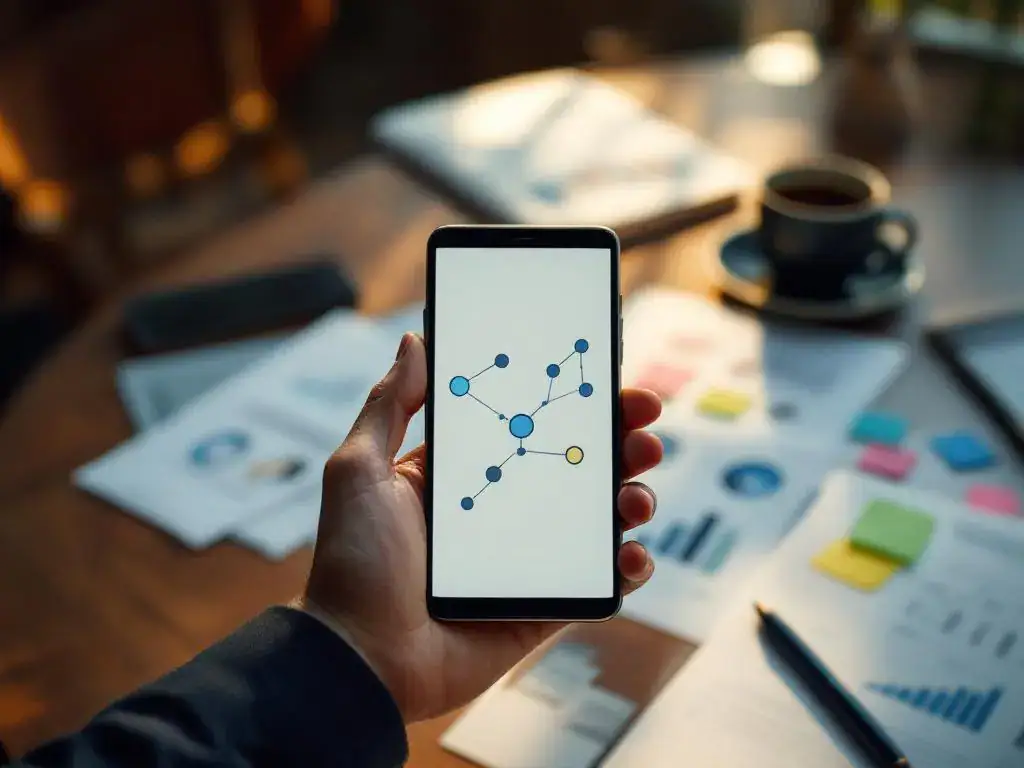 Businessman's hand holding smartphone displaying customer journey map on office desk with analytics reports and coffee cup