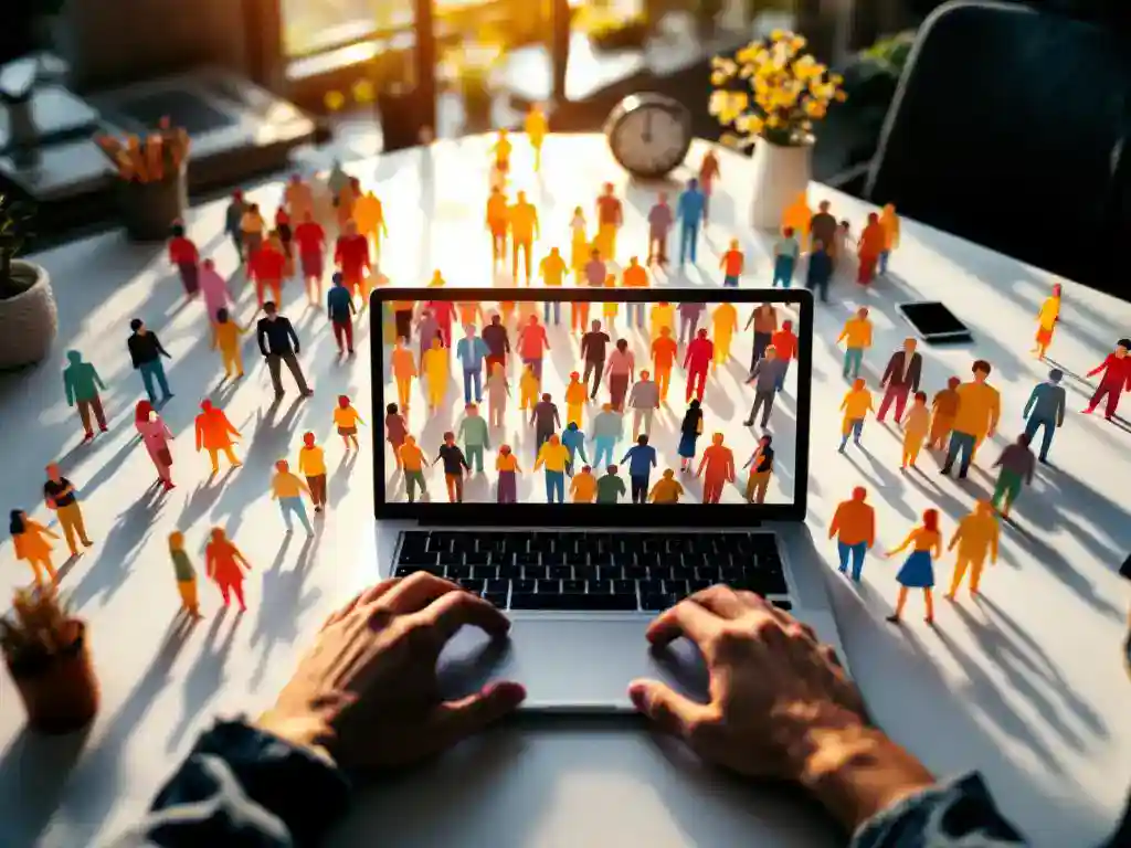 Modern office desk with laptop and colorful paper cutouts representing customer personas organized in groups around computer