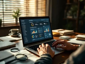 Laptop displaying customer profile dashboard on mahogany desk with business documents and magnifying glass in office setting