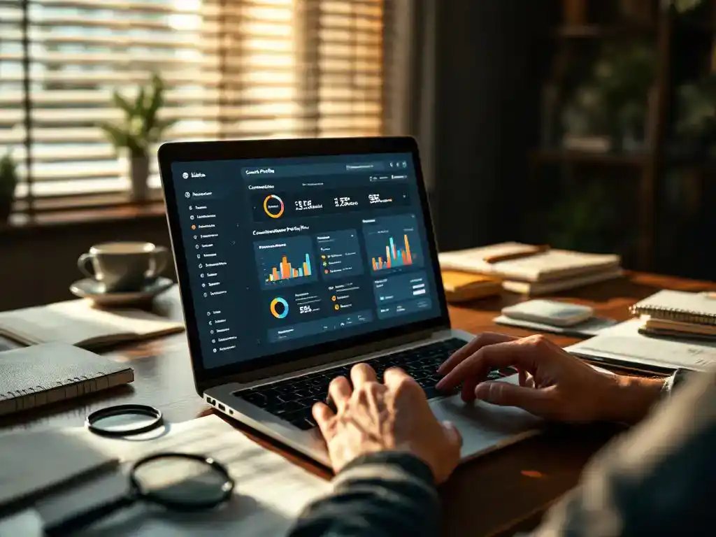 Laptop displaying customer profile dashboard on mahogany desk with business documents and magnifying glass in office setting