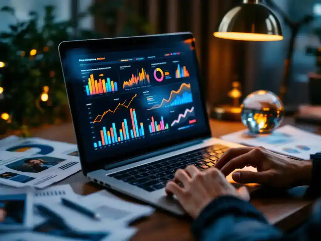 Data analyst working on laptop displaying colorful predictive analytics charts with crystal ball and customer profiles on desk