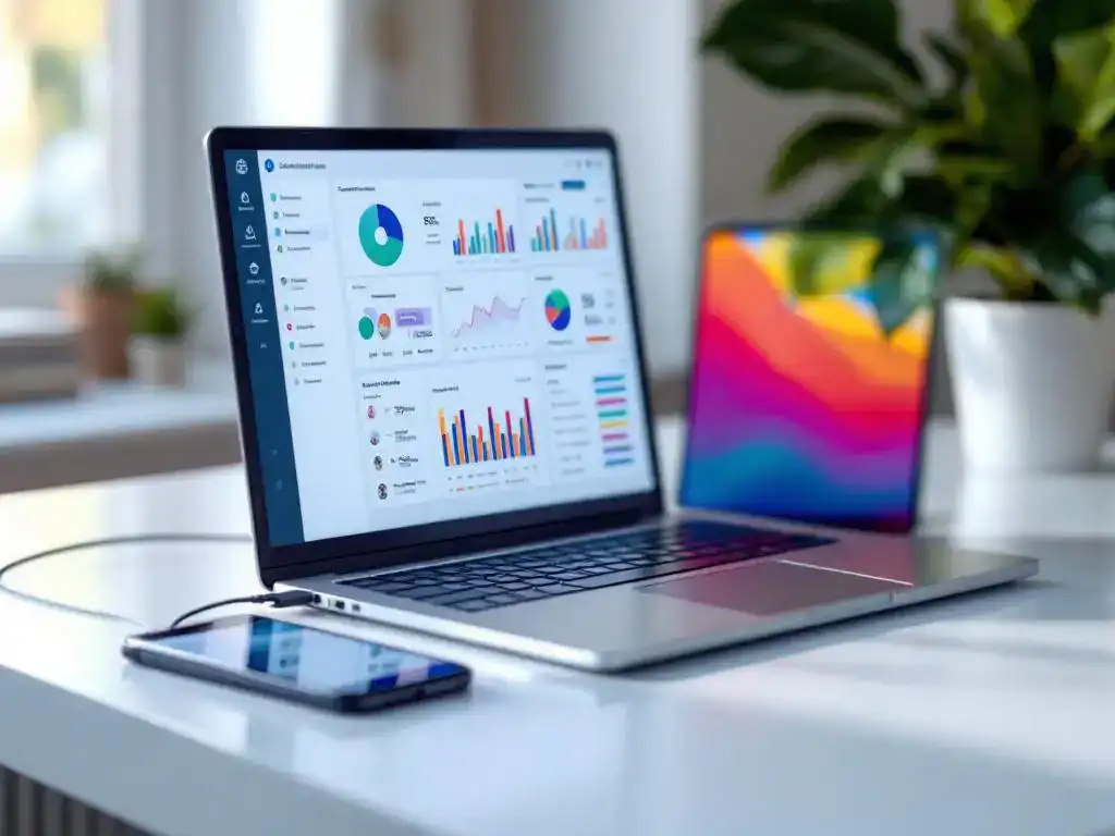 Modern laptop displaying colorful data analytics dashboards on white desk with connected smartphone showing email automation