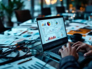 Laptop displaying unified dashboard on glass conference table with scattered colorful data sheets and organized cable hub