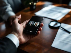 Business professional's hand protectively hovering over smartphone with user profiles on mahogany desk with privacy documents.
