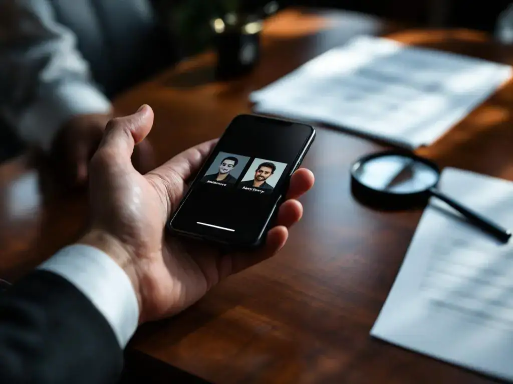 Business professional's hand protectively hovering over smartphone with user profiles on mahogany desk with privacy documents.