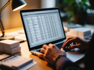 Professional reviewing spreadsheet data on laptop with magnifying glass, organized business cards stacked nearby on desk.
