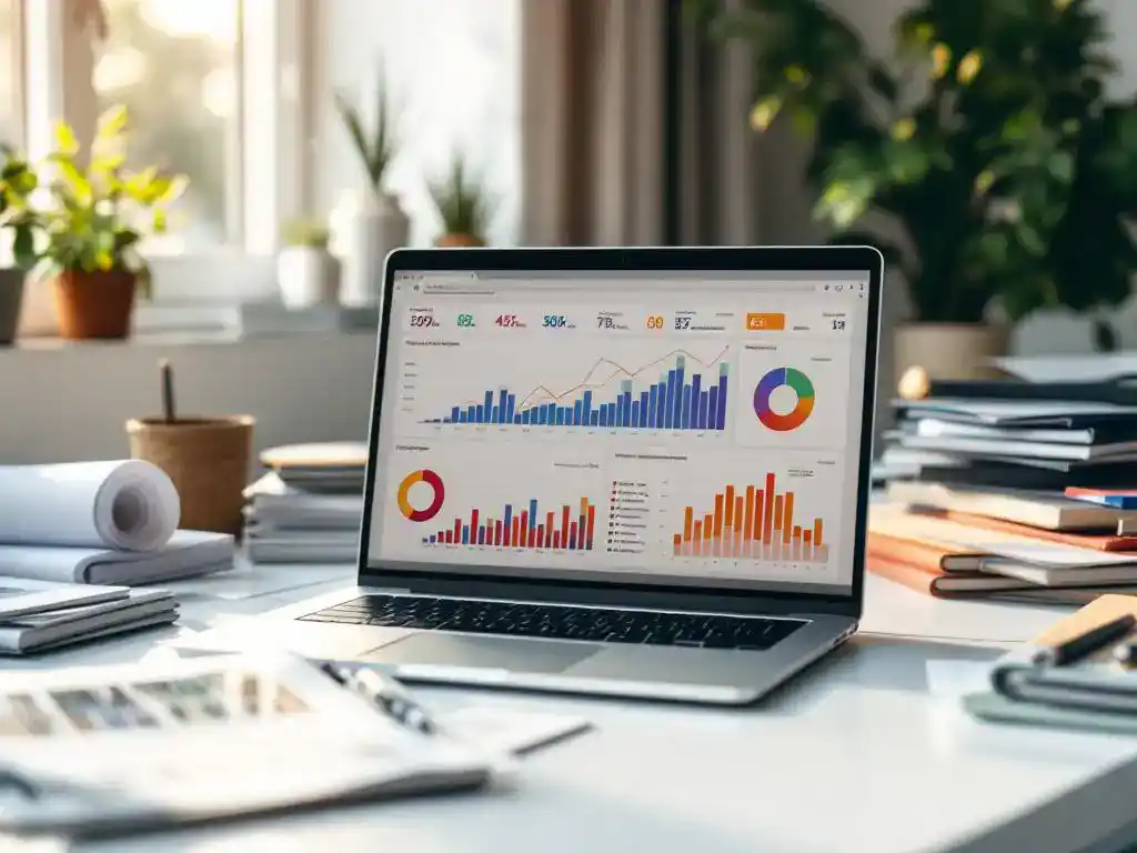 Modern laptop displaying colorful data visualization charts surrounded by business documents and surveys on white desk